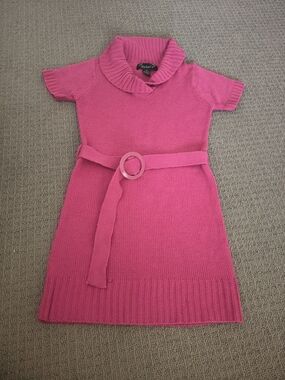 Women' Pink Knit Belted Mini Dress with Collar